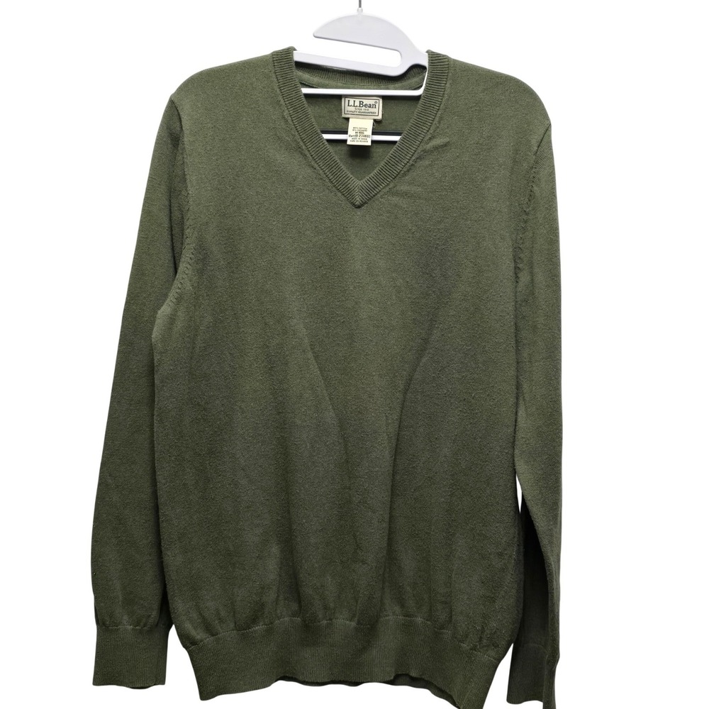LL Bean Mens Medium Olive Green V-Neck Cashmere Blend Sweater Gorpcore ‎ Classic